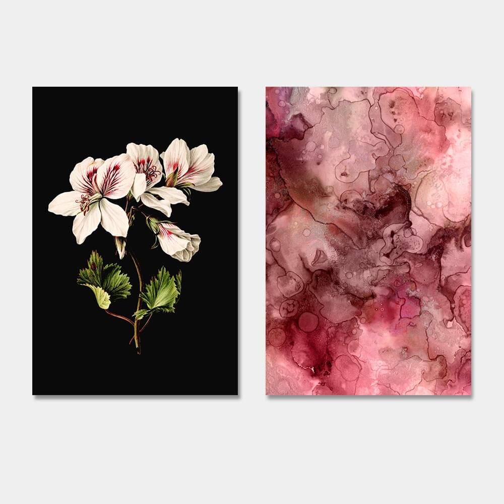 Set klassieke bloemen en paars abstract patroon