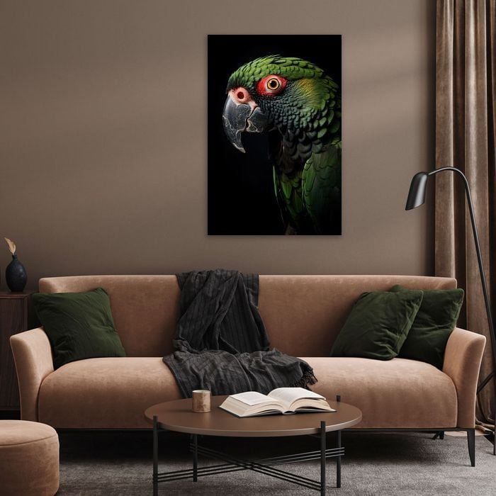 aluminium schilderij van papegaai in een woonkamer