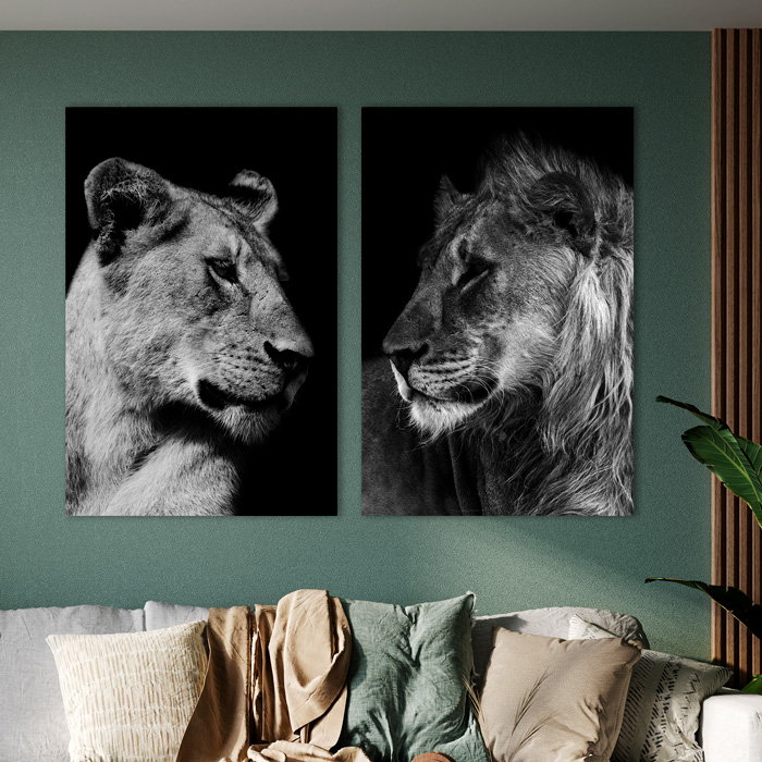 foto op canvas set met leeuwen in een woonkamer