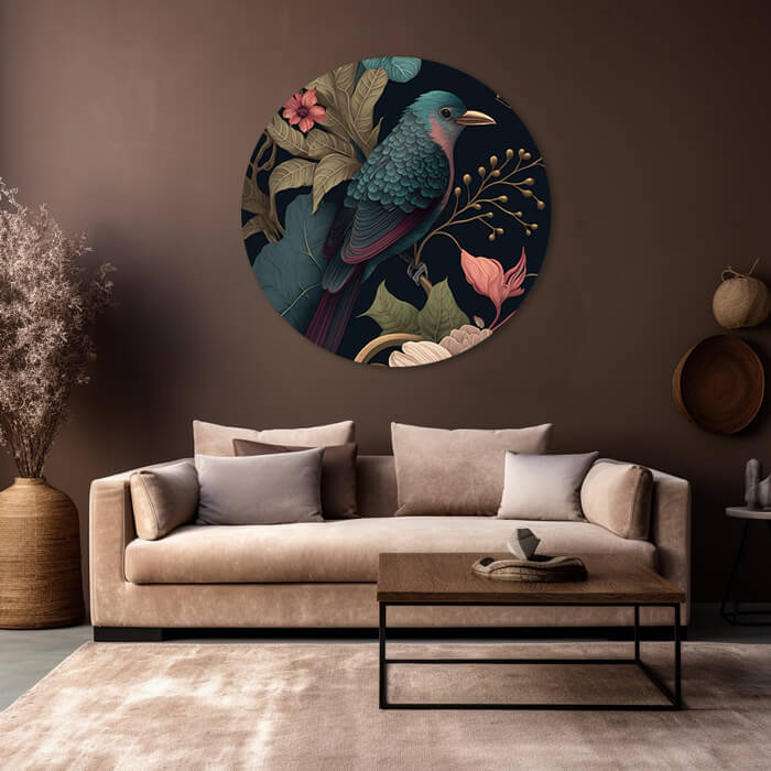 goedkoop, rond schilderij met jungle vogel in woonkamer