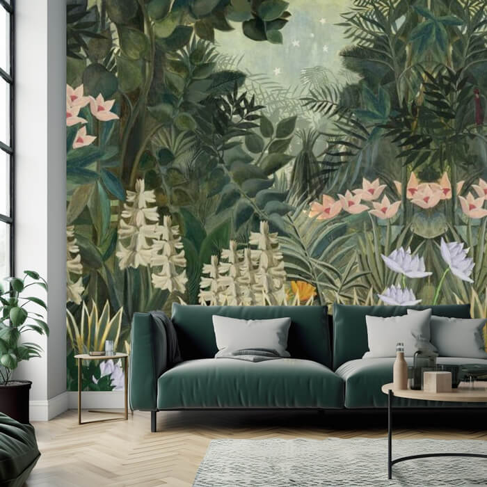 jungle behang met tropische bloemen in een woonkamer