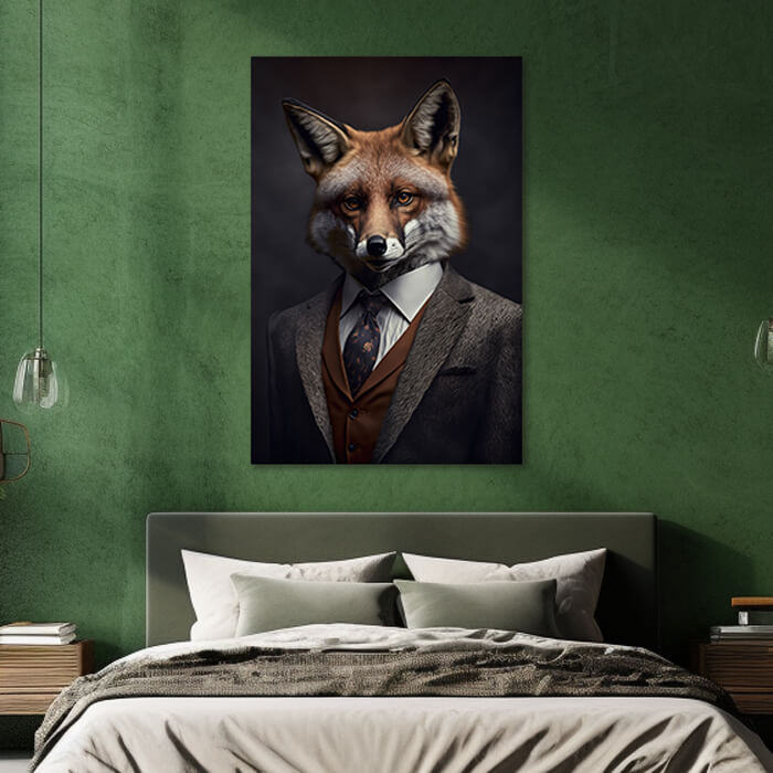 schilderij met een vos in klassieke kleren in een slaapkamer