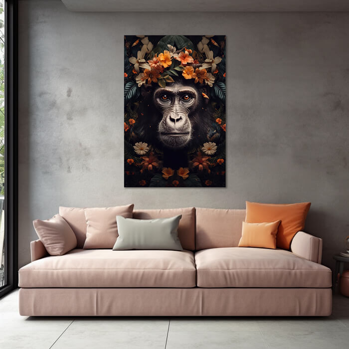 kunstwerk schilderij met jungle aap in de woonkamer boven de bank