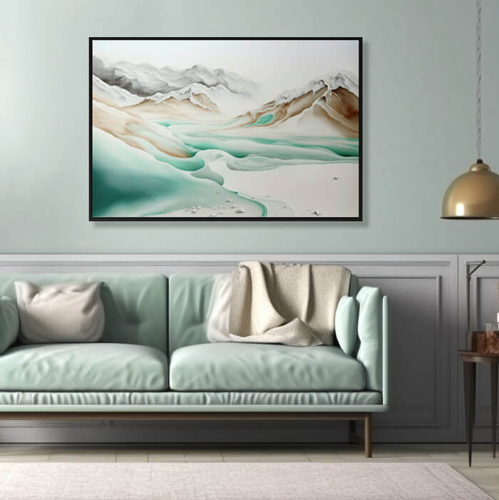 goedkope schilderijen met abstracte landschappen in een woonkamer