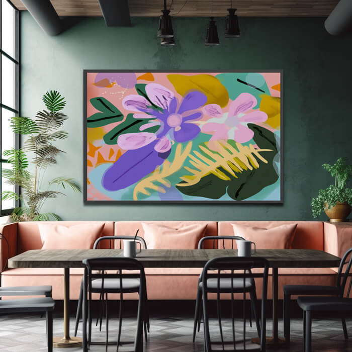abstracte kunst met kleurrijke bloemen in een restaurant