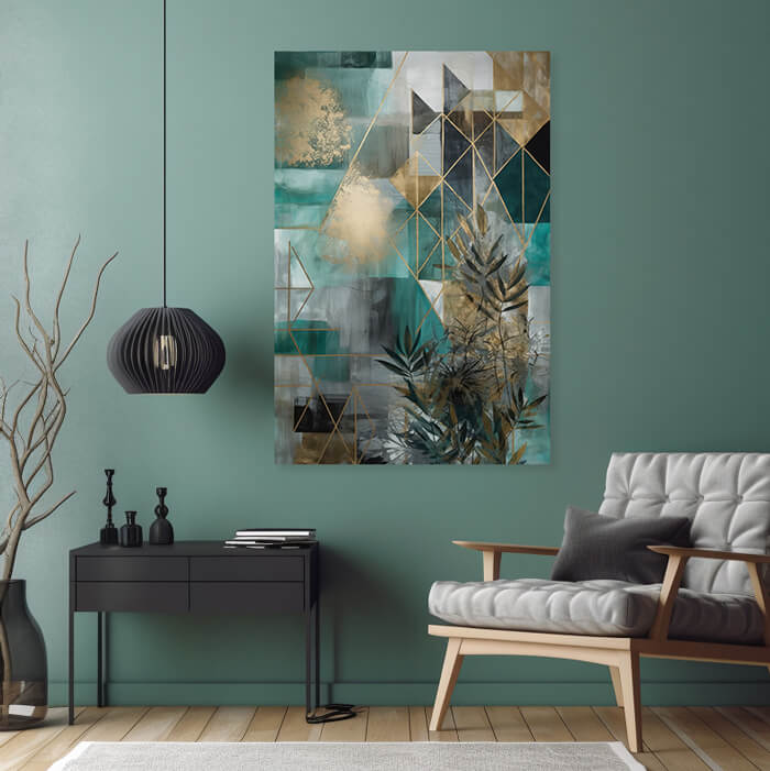 schilderij met abstracte print in een woonkamer