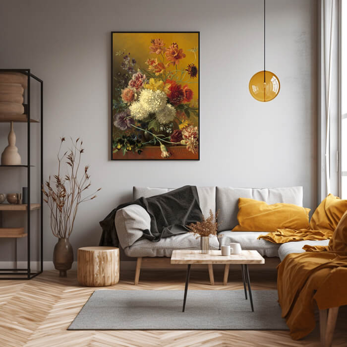 stilleven met bloemen schilderij in een woonkamer