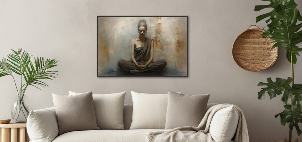 artframe schilderij met peesdoek van een abstracte vrouw in een woonkamer
