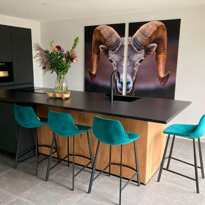 Schilderijen set met dikhoornschaap in een boho chic keuken